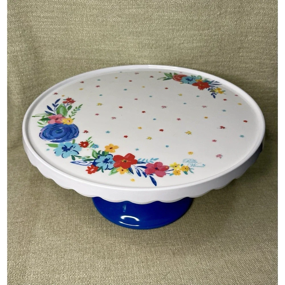 The Pioneer Woman Melamine Cake Blue Stand Floral Design Scalloped White Top